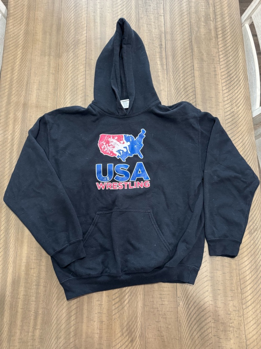 Gildan Black Hoodie with Red, White & Blue Wrestling Graphic